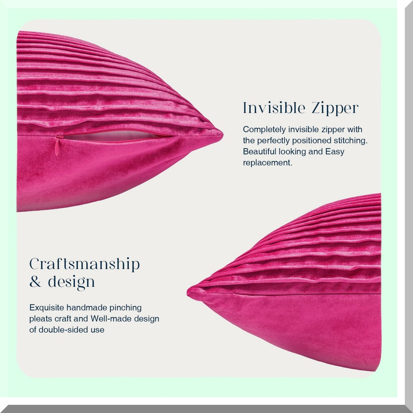 Hot Pink Velvet Pleated Throw Pillow Covers - Set of 2 | Soft Square Cushion Cases for Couch, Bed, Chair | Decorative Home Decor - 20 x 20 inches