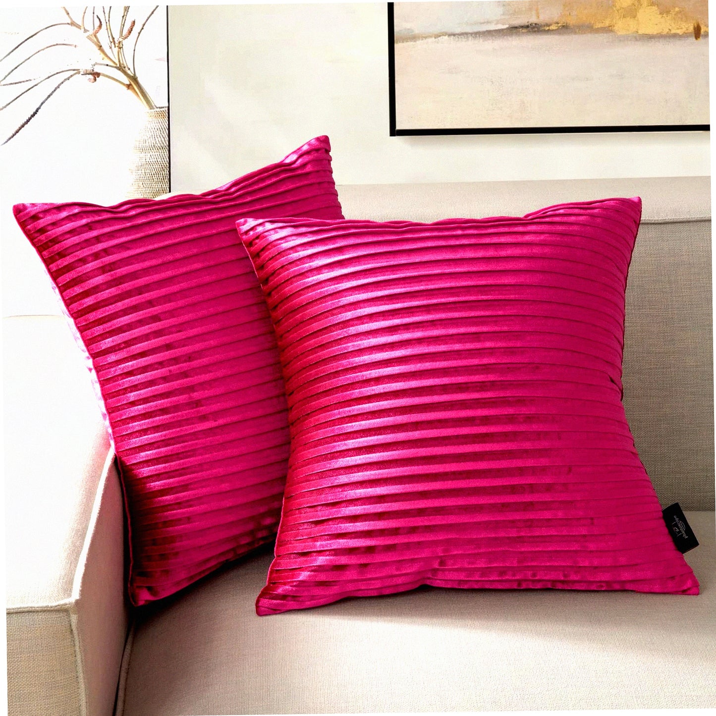 Hot Pink Velvet Pleated Throw Pillow Covers - Set of 2 | Soft Square Cushion Cases for Couch, Bed, Chair | Decorative Home Decor - 20 x 20 inches