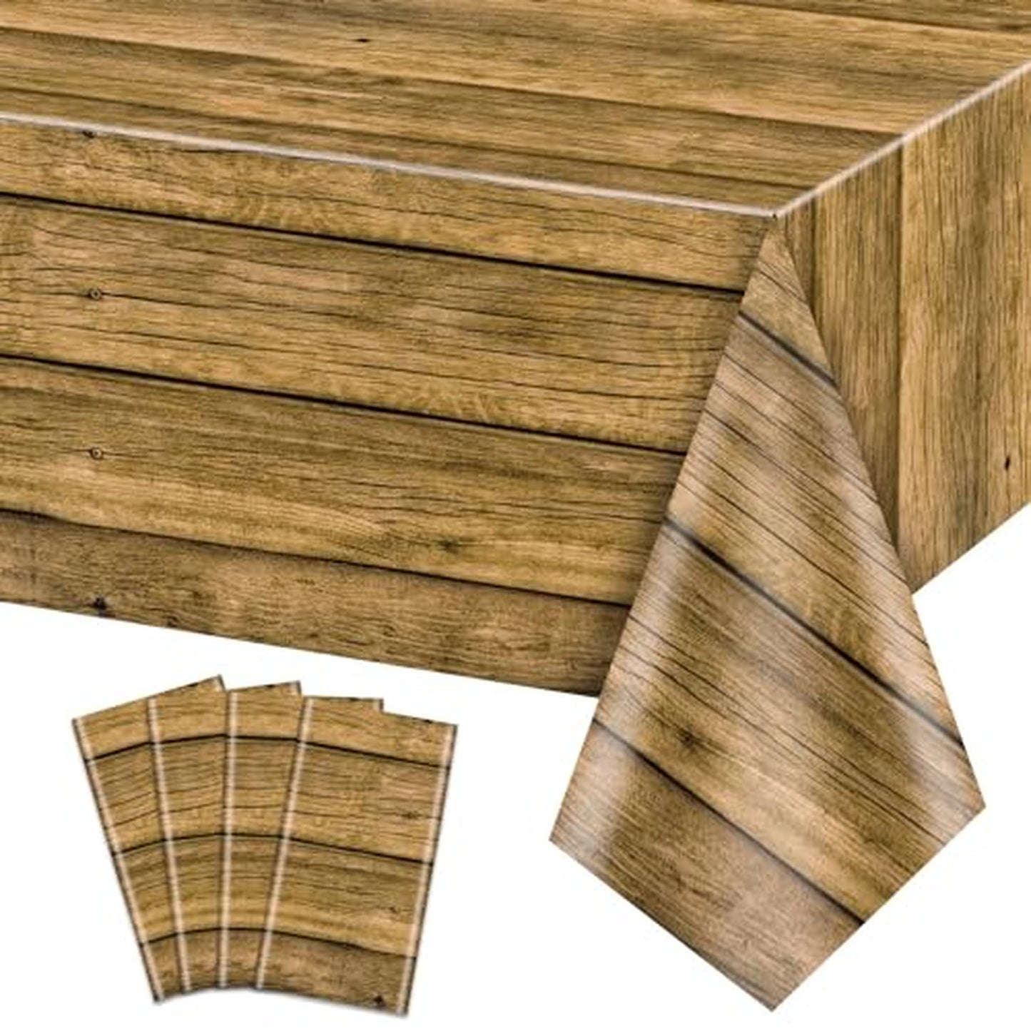 Rustic Barnwood Tablecloth Set - Western Party Decor Kit with 4 Brown Table Covers for BBQ, Birthday, and Rustic Events - 51x86 Inch Rectangular Design
