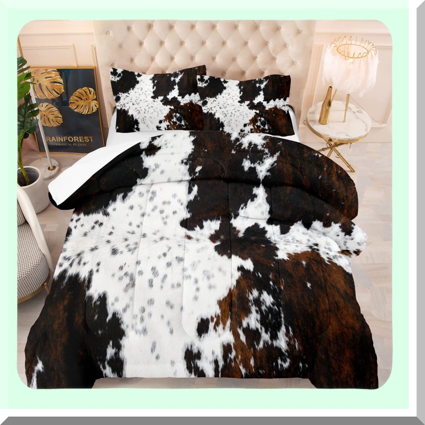 Cowhide Comforter Set - Western Farmhouse Full Bedding in A Bag with Black White Print, Rustic Design, 2 Matching Pillowcases for Bedroom Decor