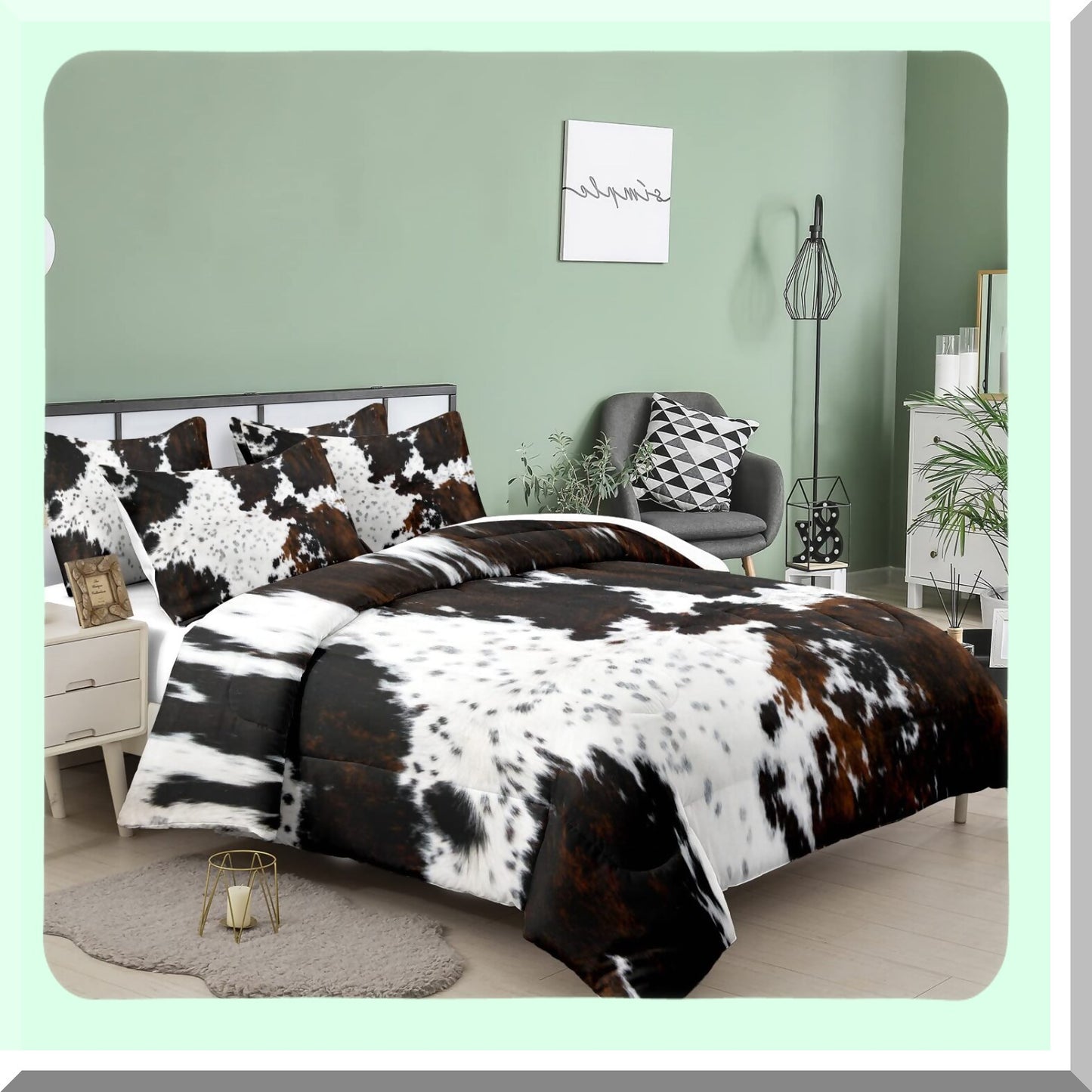 Cowhide Comforter Set - Western Farmhouse Full Bedding in A Bag with Black White Print, Rustic Design, 2 Matching Pillowcases for Bedroom Decor