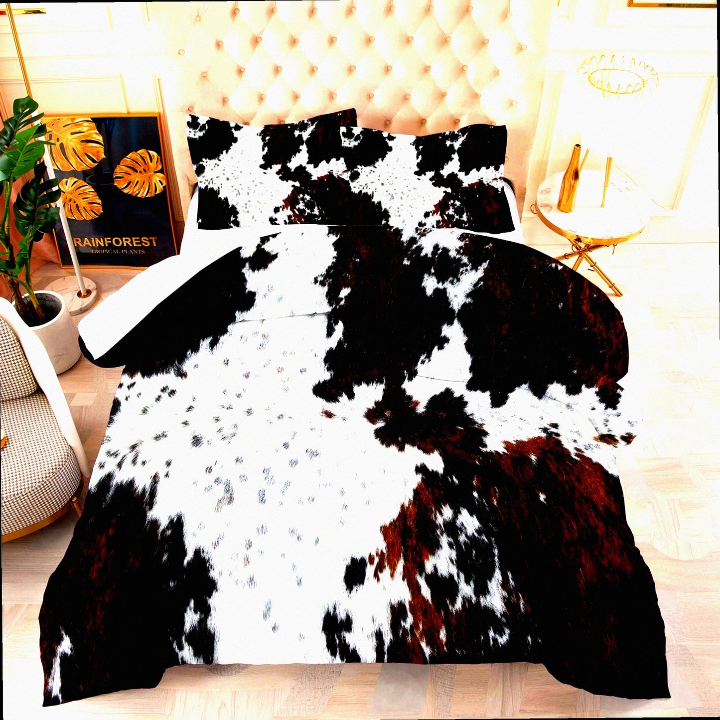 Cowhide Comforter Set - Western Farmhouse Full Bedding in A Bag with Black White Print, Rustic Design, 2 Matching Pillowcases for Bedroom Decor
