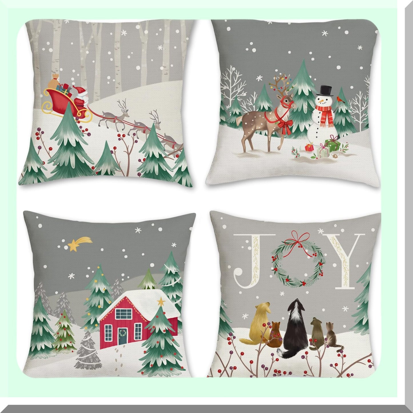 Winter Wonderland Holiday Pillow Covers - Set of 4 Snowy Pine Tree Snowman Reindeer Decorative Pillows for Couch Sofa Bed - 18x18 Inch Grey Snowflake Theme