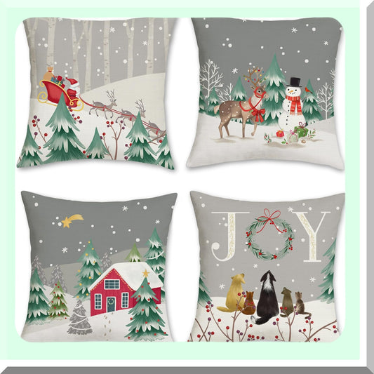 Winter Wonderland Holiday Pillow Covers - Set of 4 Snowy Pine Tree Snowman Reindeer Decorative Pillows for Couch Sofa Bed - 18x18 Inch Grey Snowflake Theme