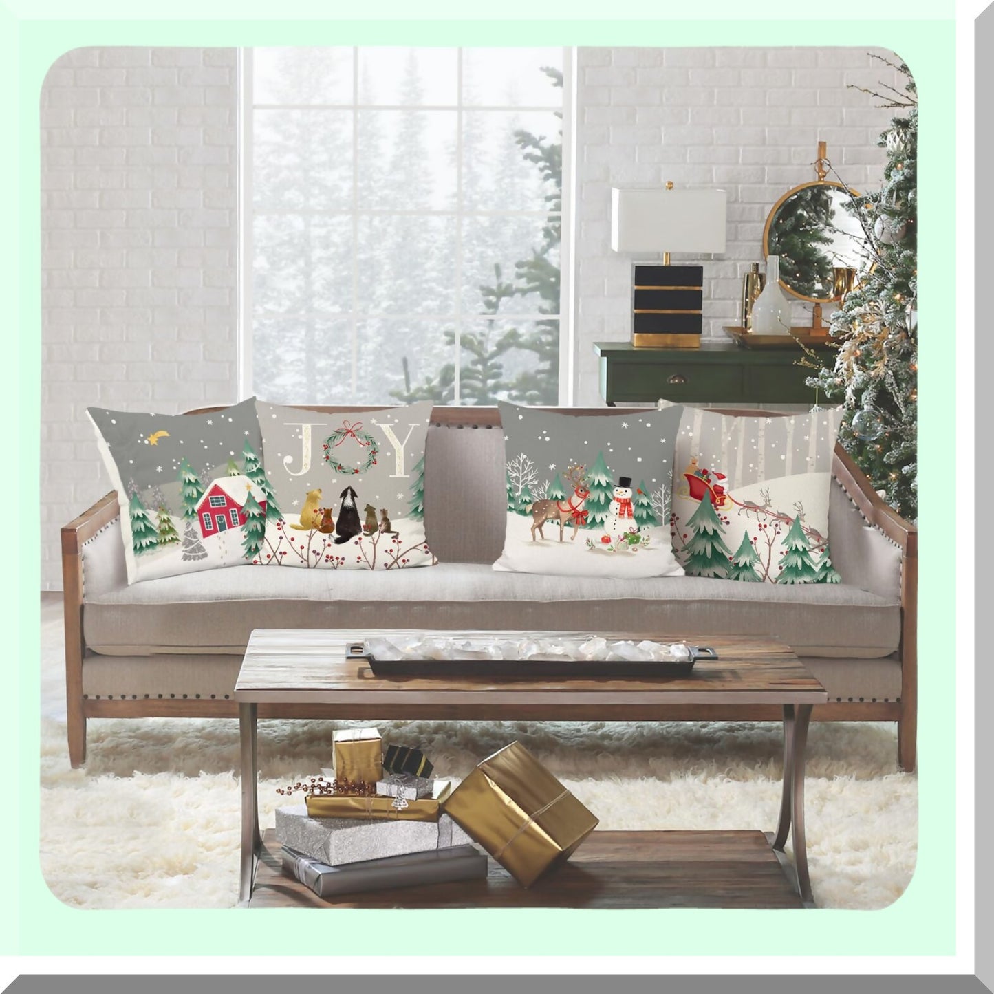 Winter Wonderland Holiday Pillow Covers - Set of 4 Snowy Pine Tree Snowman Reindeer Decorative Pillows for Couch Sofa Bed - 18x18 Inch Grey Snowflake Theme