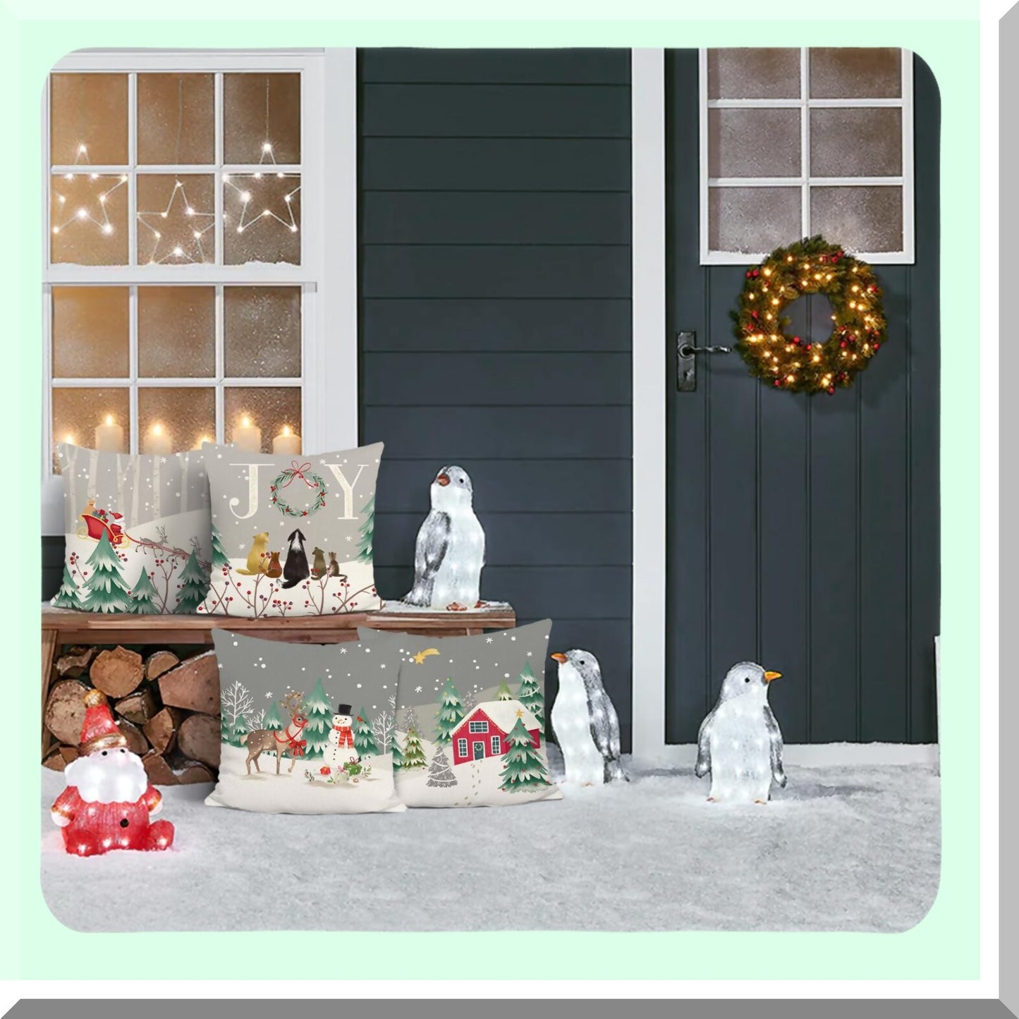 Winter Wonderland Holiday Pillow Covers - Set of 4 Snowy Pine Tree Snowman Reindeer Decorative Pillows for Couch Sofa Bed - 18x18 Inch Grey Snowflake Theme