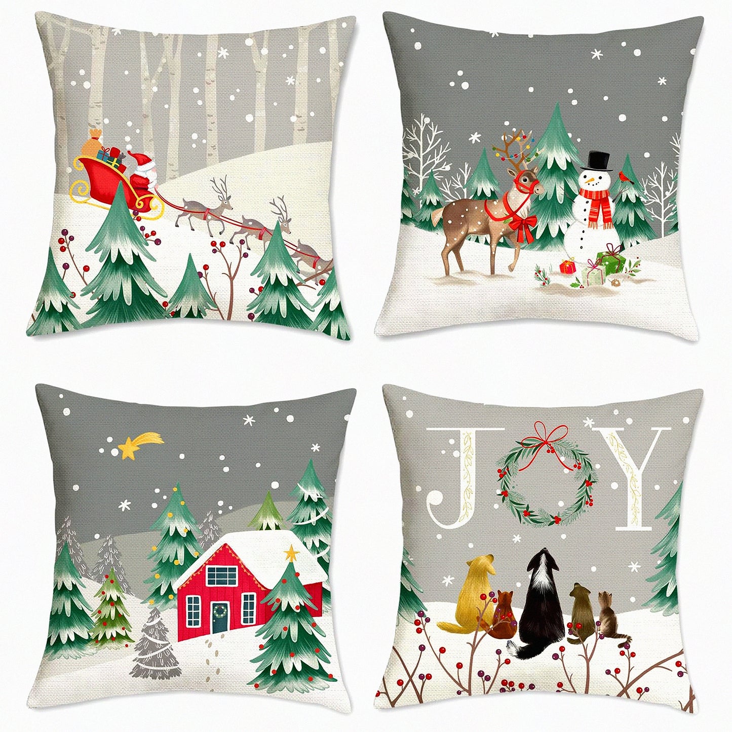 Winter Wonderland Holiday Pillow Covers - Set of 4 Snowy Pine Tree Snowman Reindeer Decorative Pillows for Couch Sofa Bed - 18x18 Inch Grey Snowflake Theme