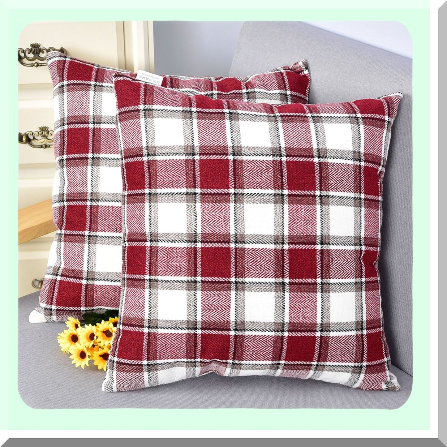 Burgundy White Checker Linen Pillowcase Set - Soft Square Decorative Throw Cushion Cover with Hidden Zipper for Sofa - 20" x 20 - Pack of 2