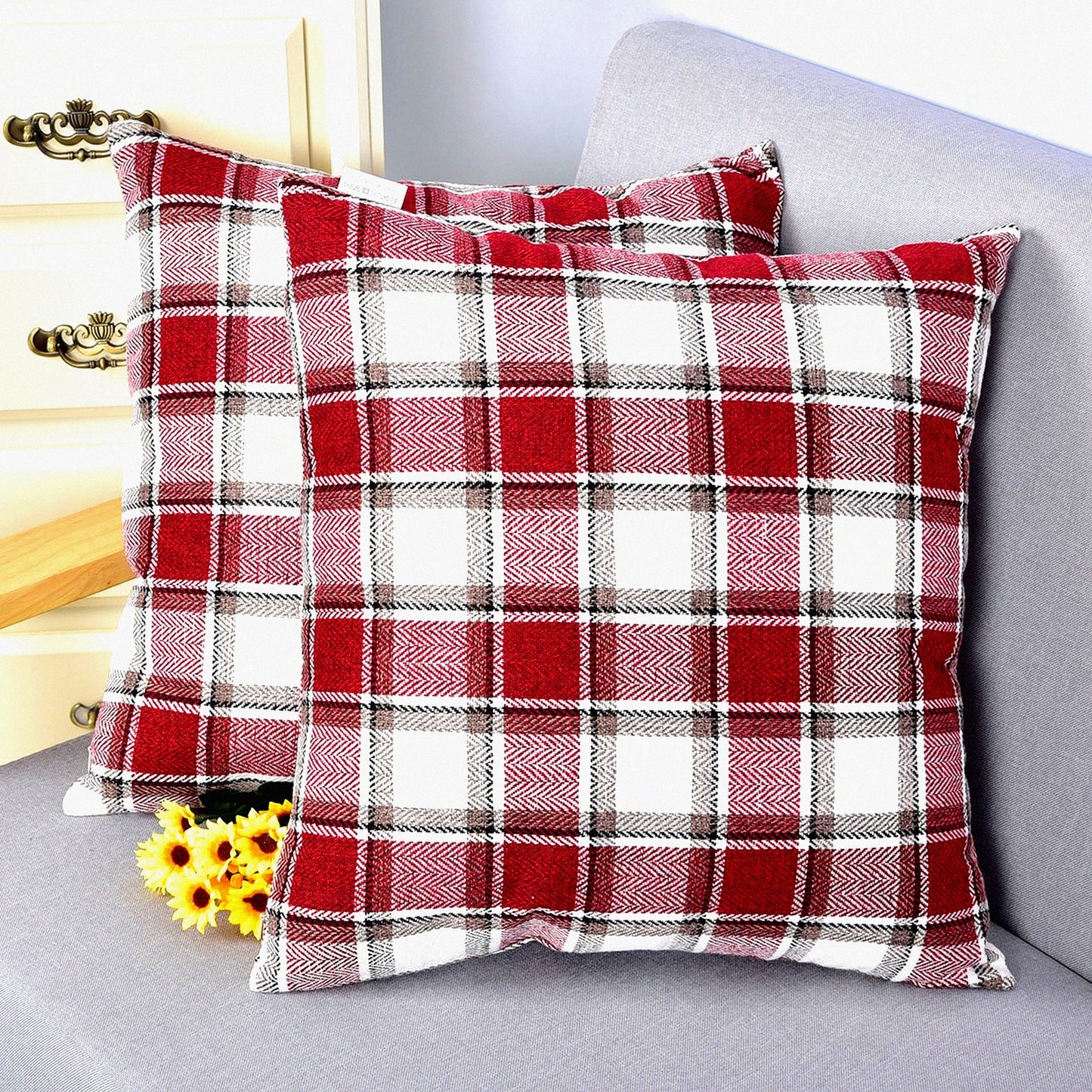 Burgundy White Checker Linen Pillowcase Set - Soft Square Decorative Throw Cushion Cover with Hidden Zipper for Sofa - 20" x 20 - Pack of 2