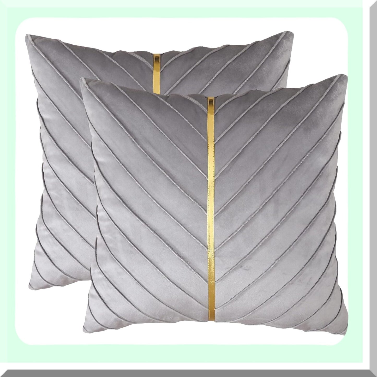Luxury Gray Velvet Gold Leather Pillow Covers - Set of 2 | Modern Decorative Couch Pillowcases for Living Room Bedroom Sofa Bed - 20x20 inch