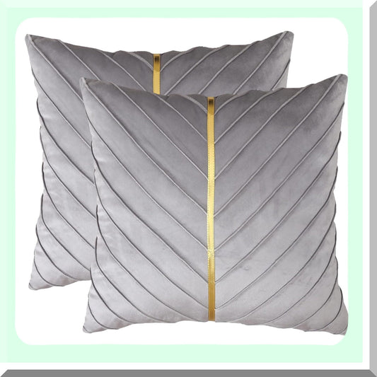 Luxury Gray Velvet Gold Leather Pillow Covers - Set of 2 | Modern Decorative Couch Pillowcases for Living Room Bedroom Sofa Bed - 20x20 inch