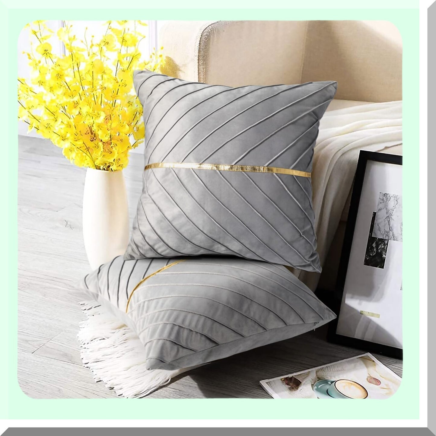 Luxury Gray Velvet Gold Leather Pillow Covers - Set of 2 | Modern Decorative Couch Pillowcases for Living Room Bedroom Sofa Bed - 20x20 inch