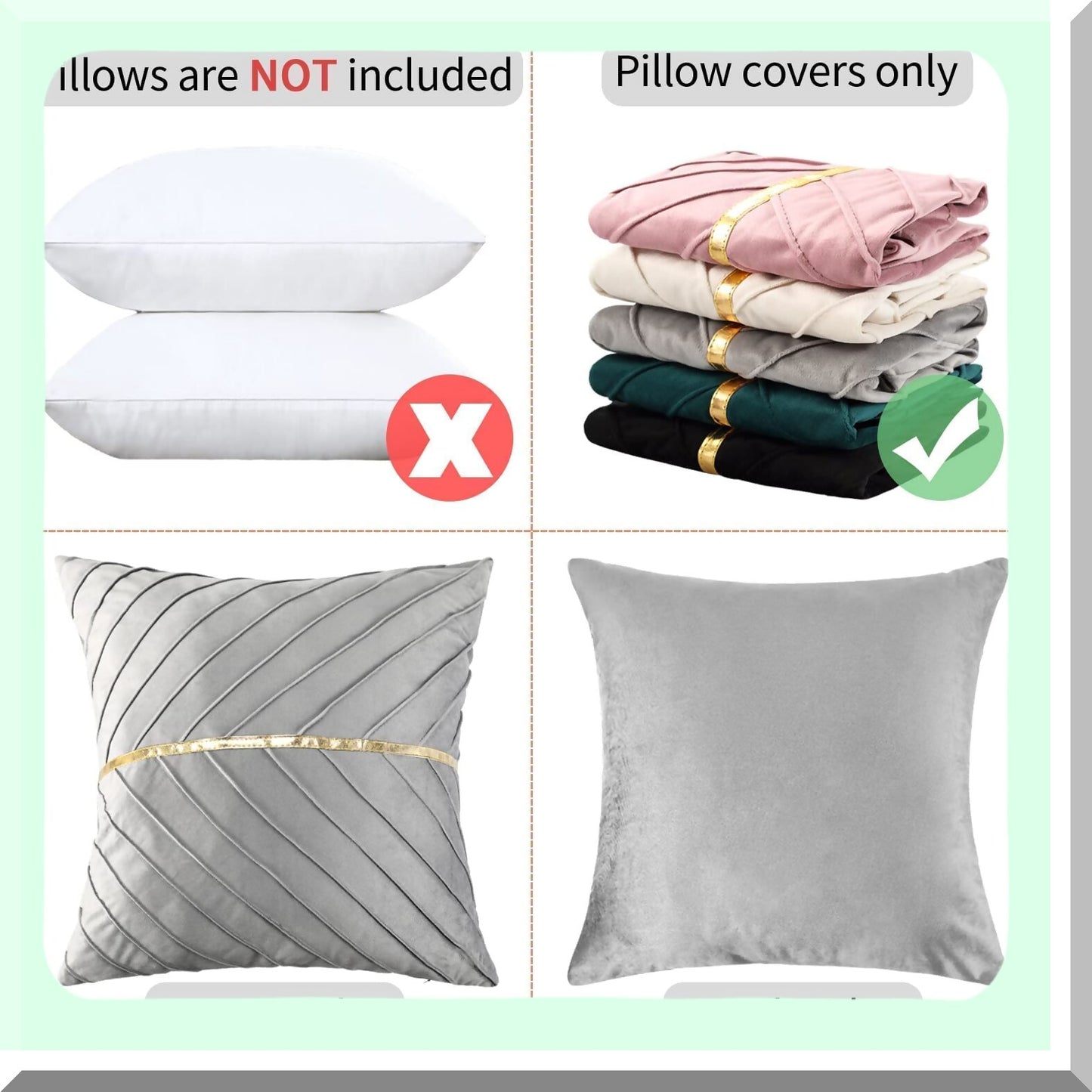 Luxury Gray Velvet Gold Leather Pillow Covers - Set of 2 | Modern Decorative Couch Pillowcases for Living Room Bedroom Sofa Bed - 20x20 inch