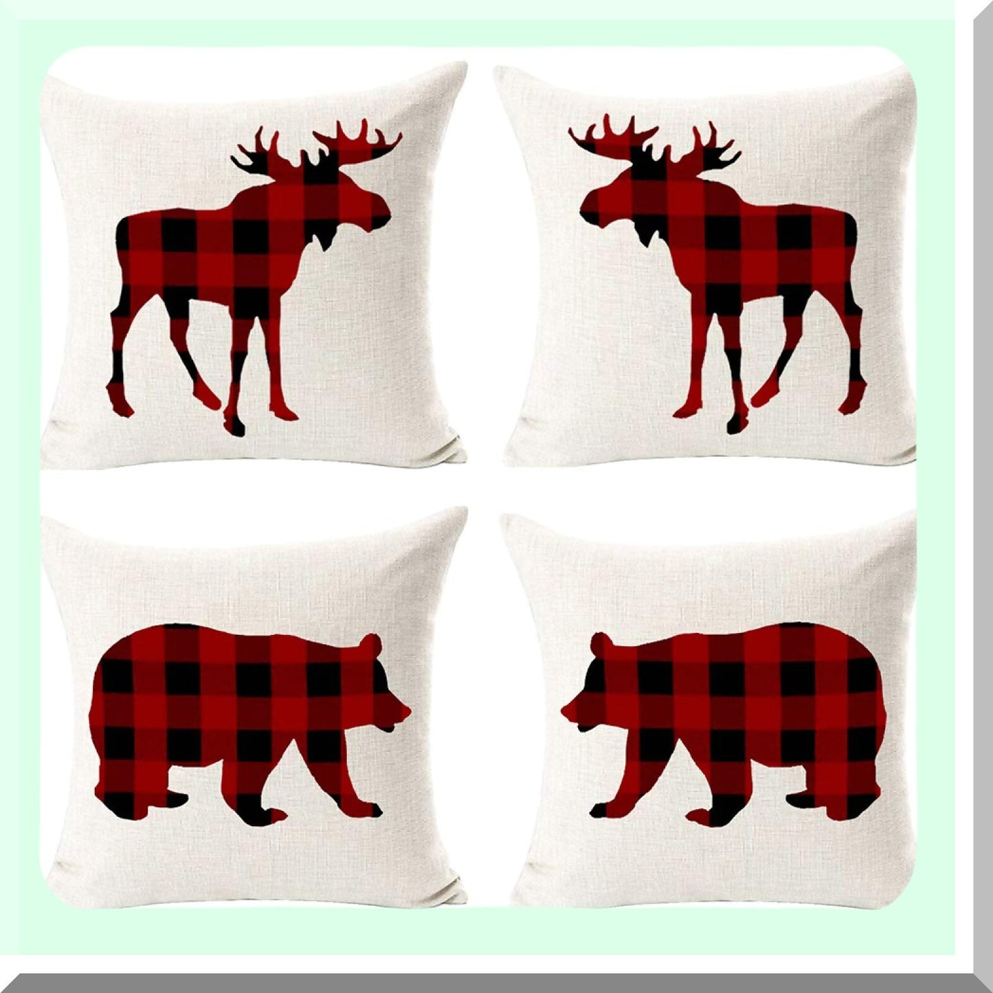 Retro Vintage Buffalo Plaid Winter Pillowcase Set - Moose Elk Bear Decorative Cushion Cover Pack - Personalized Cotton Linen Throw Pillow Square 18x18"