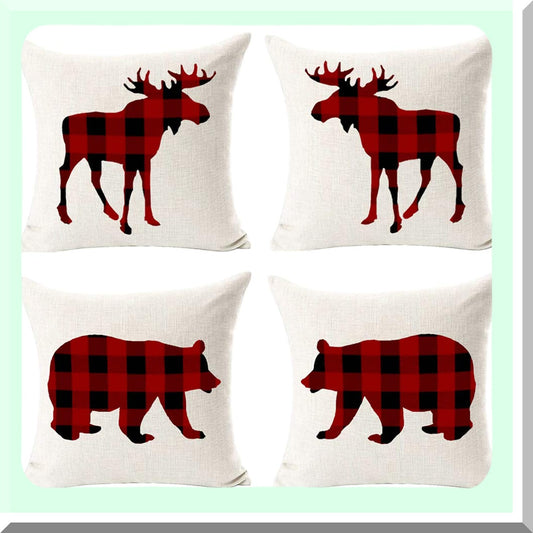 Retro Vintage Buffalo Plaid Winter Pillowcase Set - Moose Elk Bear Decorative Cushion Cover Pack - Personalized Cotton Linen Throw Pillow Square 18x18"