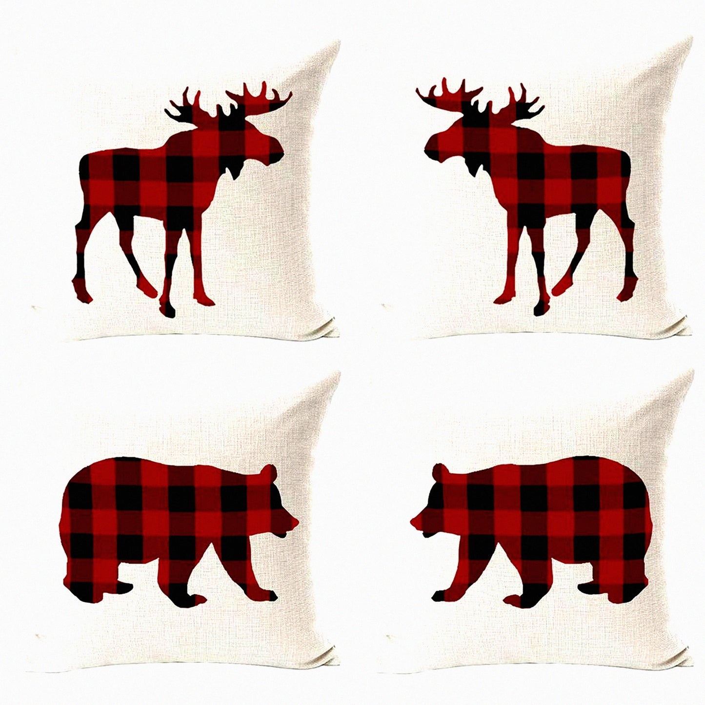 Retro Vintage Buffalo Plaid Winter Pillowcase Set - Moose Elk Bear Decorative Cushion Cover Pack - Personalized Cotton Linen Throw Pillow Square 18x18"