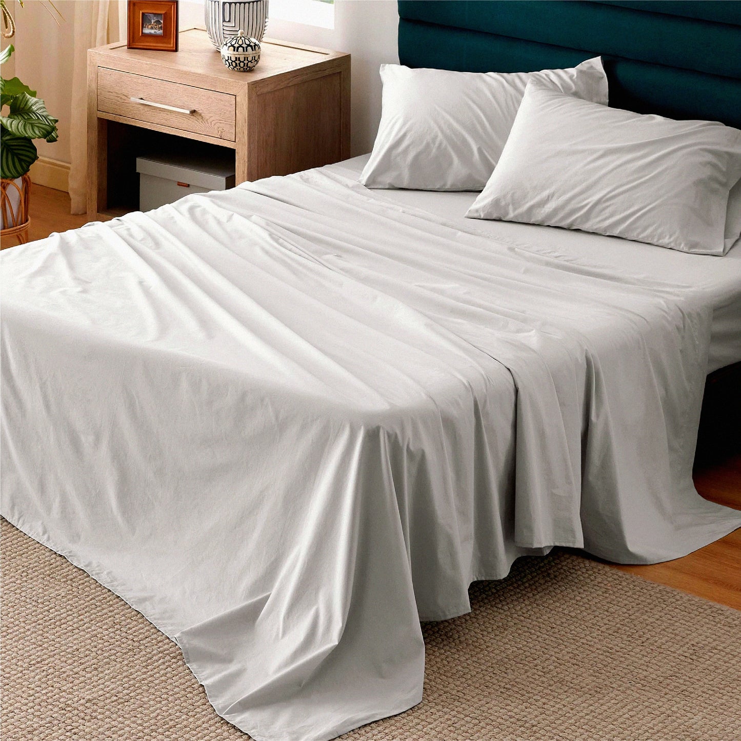 CoolCotton Percale Queen Sheet Set - Breathable Grey Bedding with Deep Pocket, Soft Cooling Sheets for Queen Size Bed, 100% Cotton 4 Piece Set