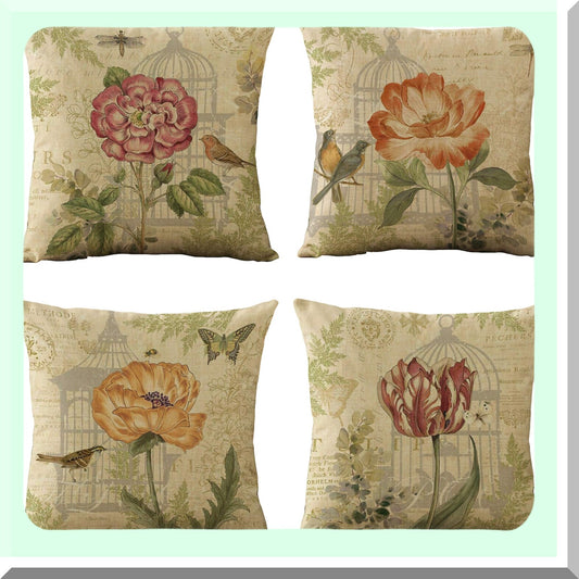 Vintage Spring Flower Burlap Pillow Covers - Set of 4 Decorative Cushion Cases for Living Room, Couch, and Bed. 18 x 18 Inch Throw Pillow Covers with Flowers and Birds Design.