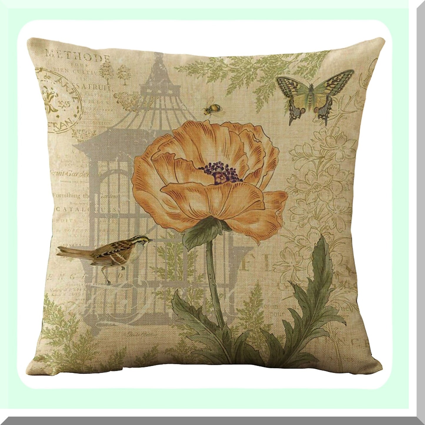 Vintage Spring Flower Burlap Pillow Covers - Set of 4 Decorative Cushion Cases for Living Room, Couch, and Bed. 18 x 18 Inch Throw Pillow Covers with Flowers and Birds Design.
