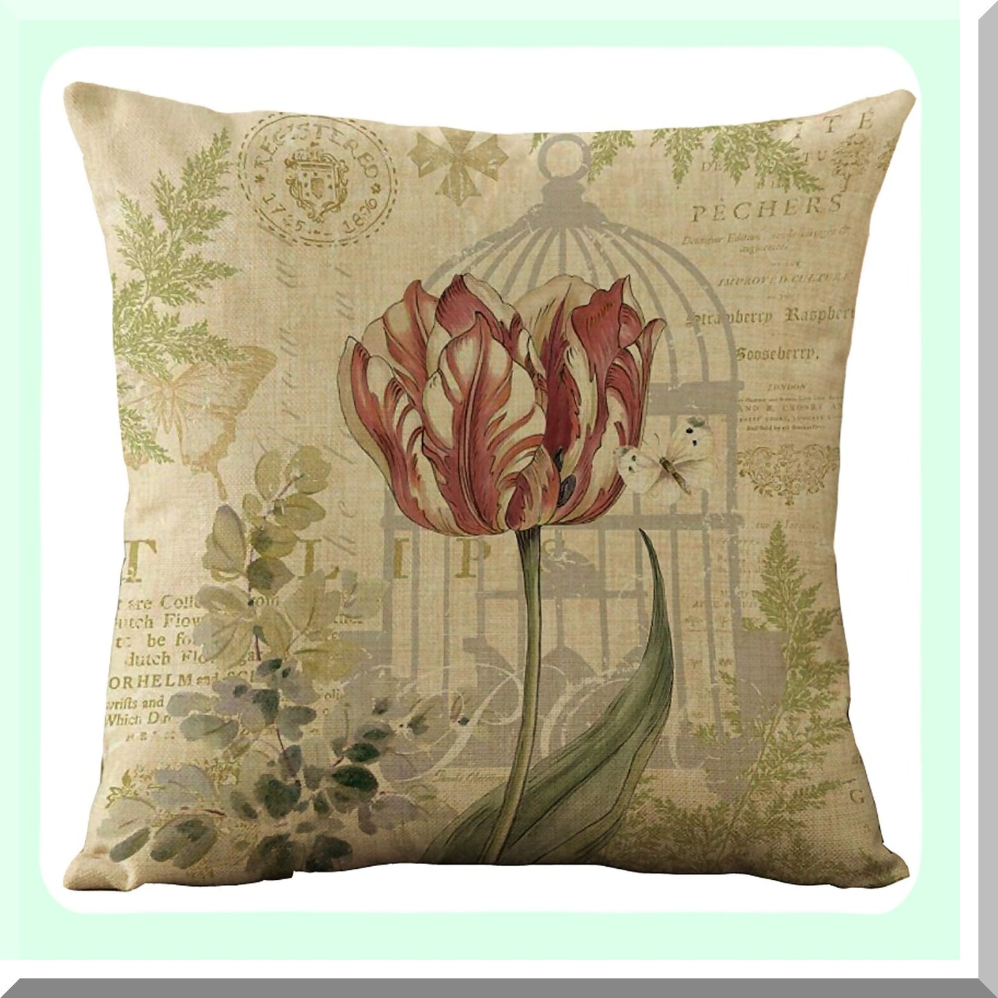 Vintage Spring Flower Burlap Pillow Covers - Set of 4 Decorative Cushion Cases for Living Room, Couch, and Bed. 18 x 18 Inch Throw Pillow Covers with Flowers and Birds Design.