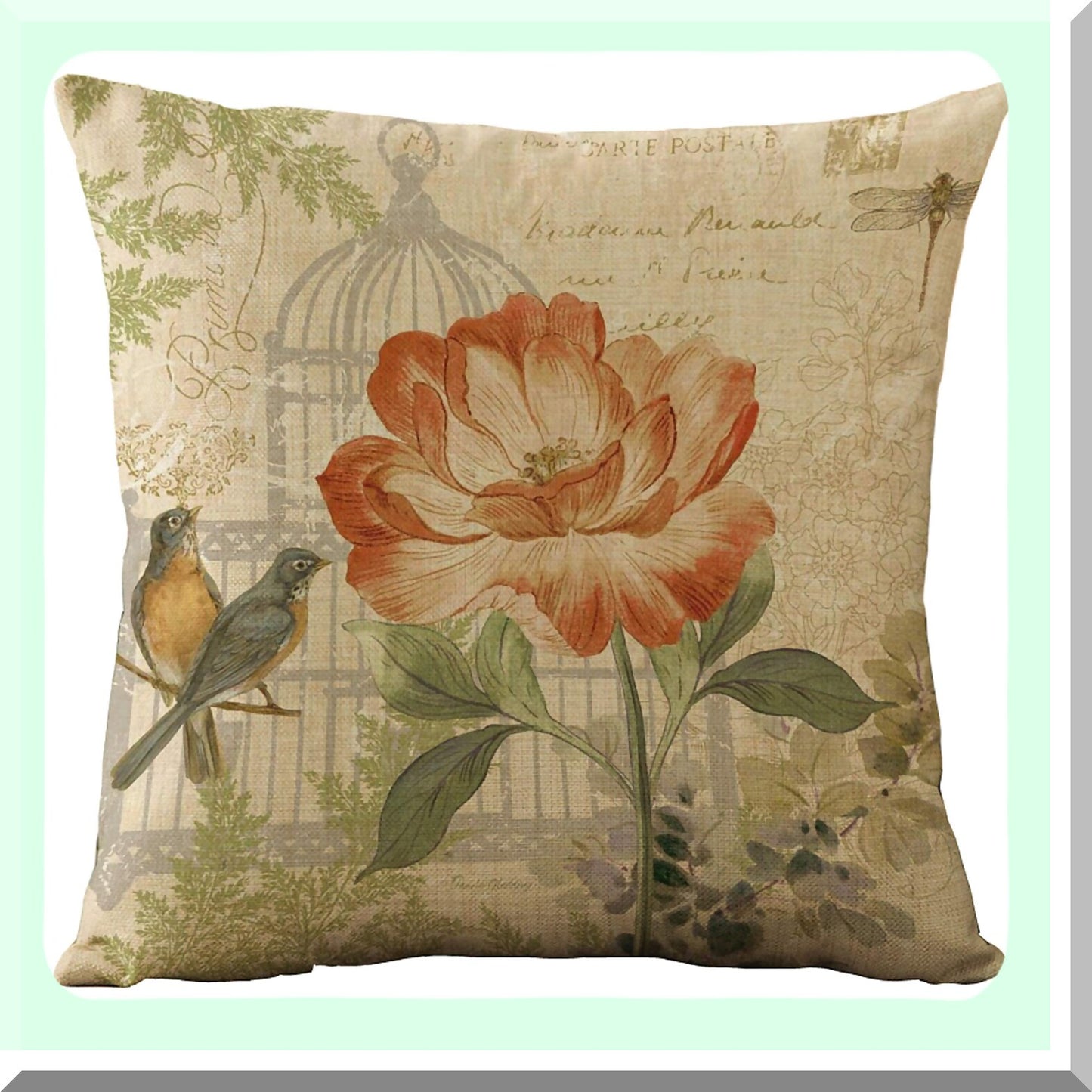 Vintage Spring Flower Burlap Pillow Covers - Set of 4 Decorative Cushion Cases for Living Room, Couch, and Bed. 18 x 18 Inch Throw Pillow Covers with Flowers and Birds Design.