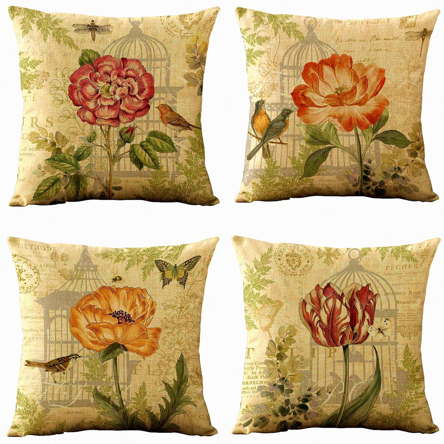 Vintage Spring Flower Burlap Pillow Covers - Set of 4 Decorative Cushion Cases for Living Room, Couch, and Bed. 18 x 18 Inch Throw Pillow Covers with Flowers and Birds Design.