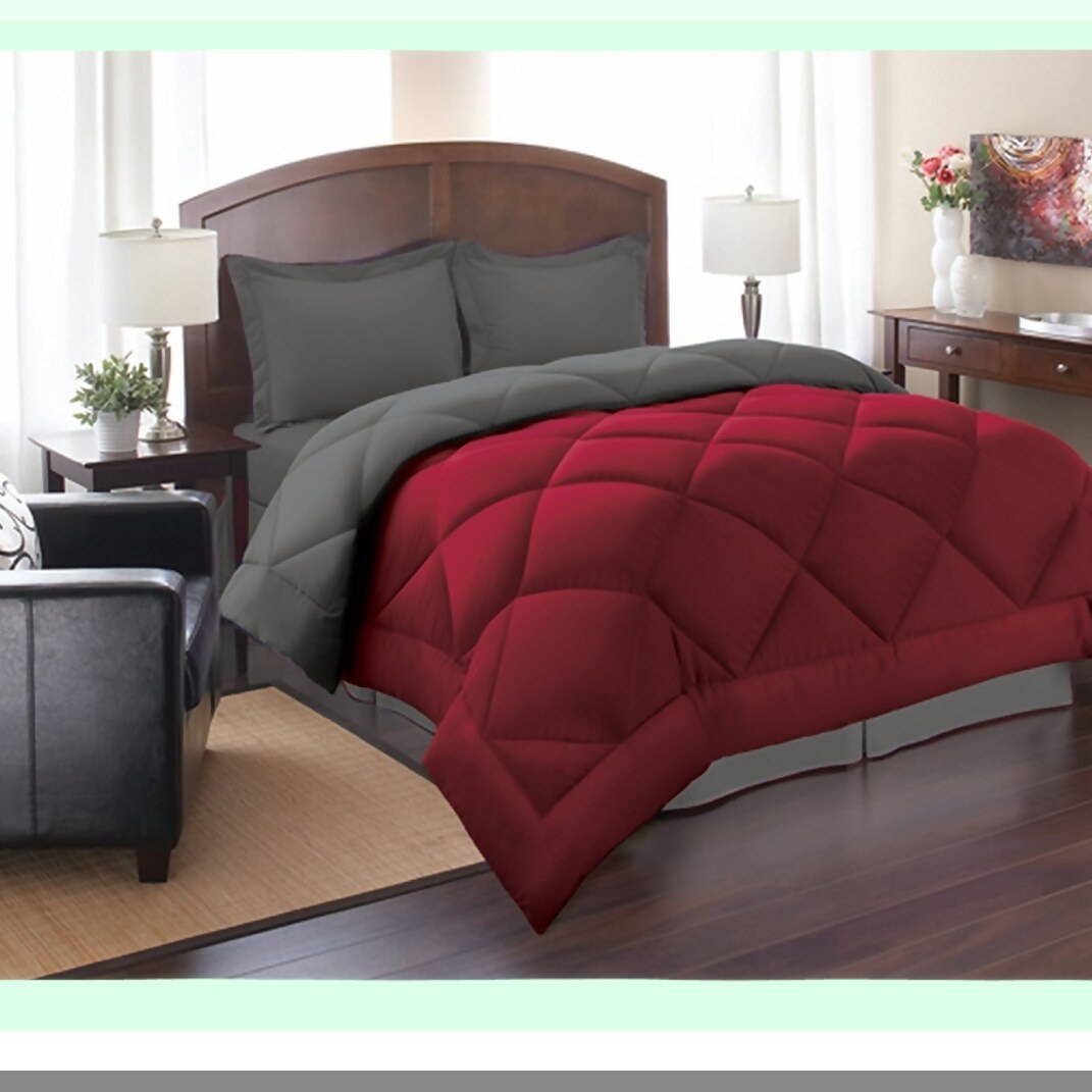 Luxury Plush Reversible Down Comforter - Queen Size - Red/Gray - Hypoallergenic Goose Down Alternative - Ultra Soft Bedding Set - 3 Piece