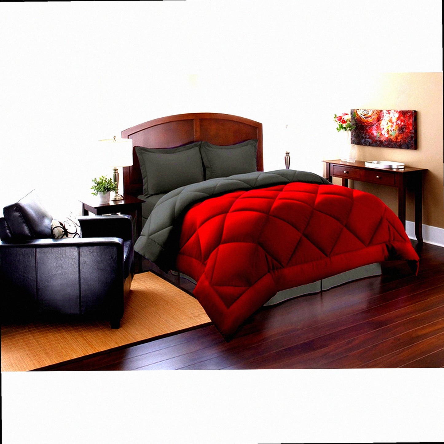 Luxury Plush Reversible Down Comforter - Queen Size - Red/Gray - Hypoallergenic Goose Down Alternative - Ultra Soft Bedding Set - 3 Piece