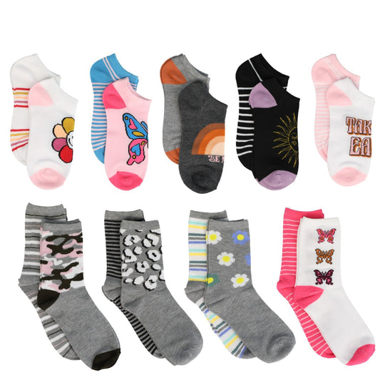 Women's Printed Low Cut and Crew Socks 2 Pair Packs (Pack of 36)