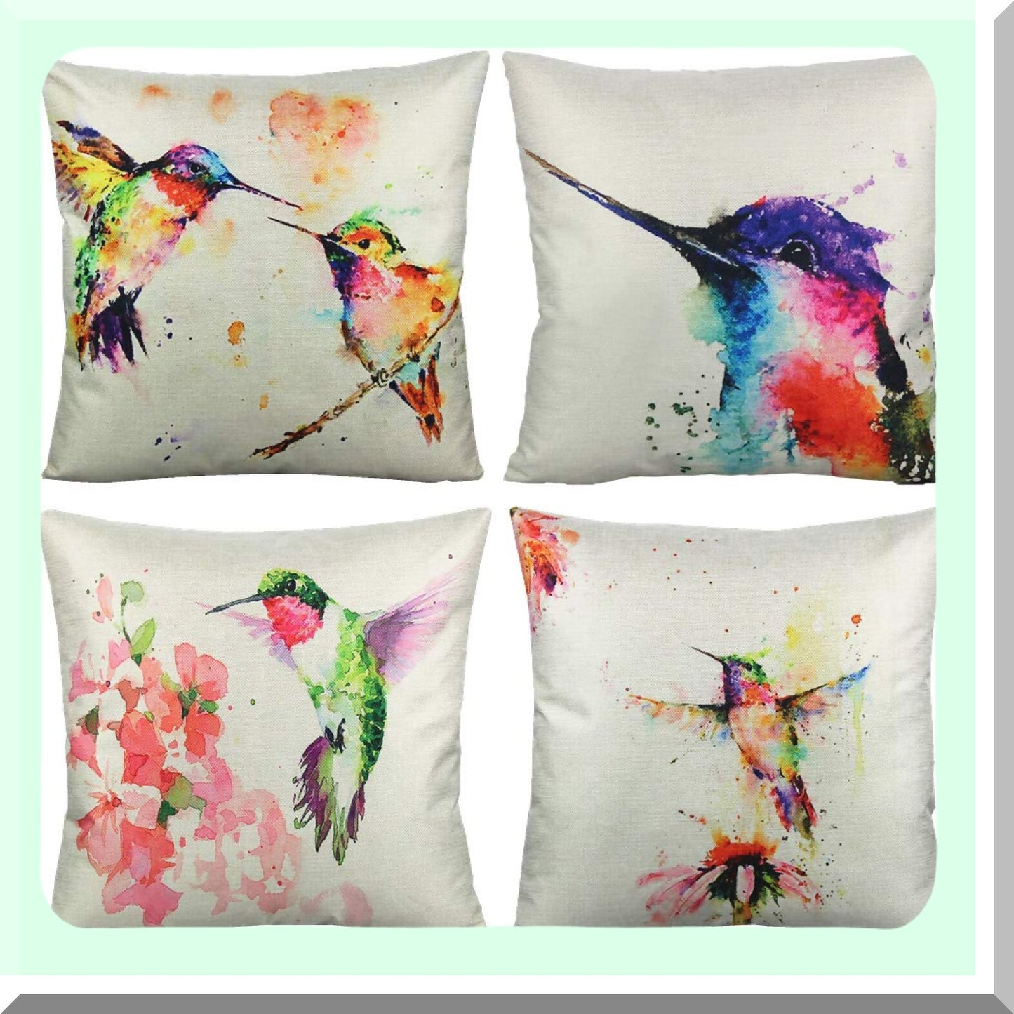 Watercolor Hummingbird Floral Outdoor Pillow Covers - Set of 4, 22x22 Inch Spring Patio Decorative Cushion Cases for Furniture Couch Bed Sofa