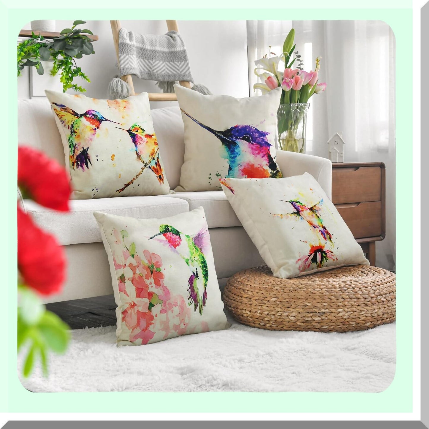 Watercolor Hummingbird Floral Outdoor Pillow Covers - Set of 4, 22x22 Inch Spring Patio Decorative Cushion Cases for Furniture Couch Bed Sofa