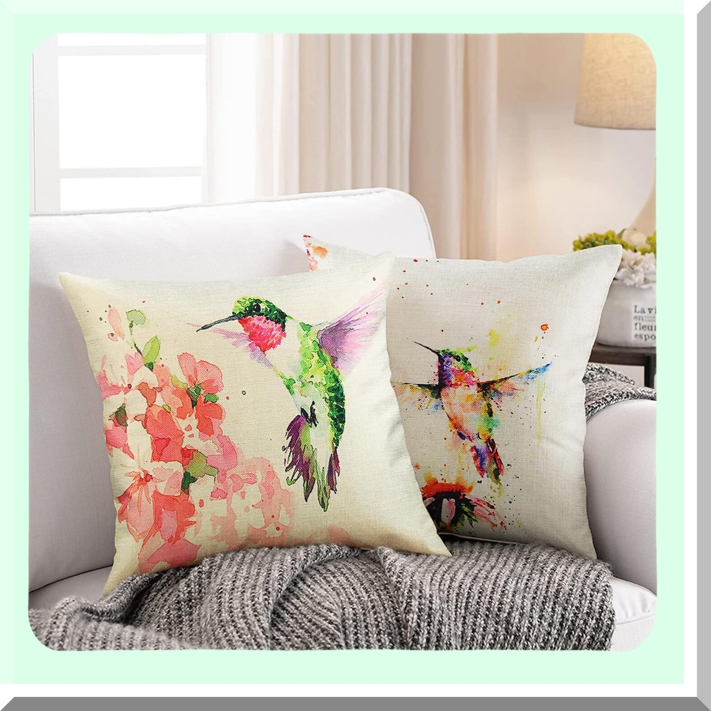 Watercolor Hummingbird Floral Outdoor Pillow Covers - Set of 4, 22x22 Inch Spring Patio Decorative Cushion Cases for Furniture Couch Bed Sofa