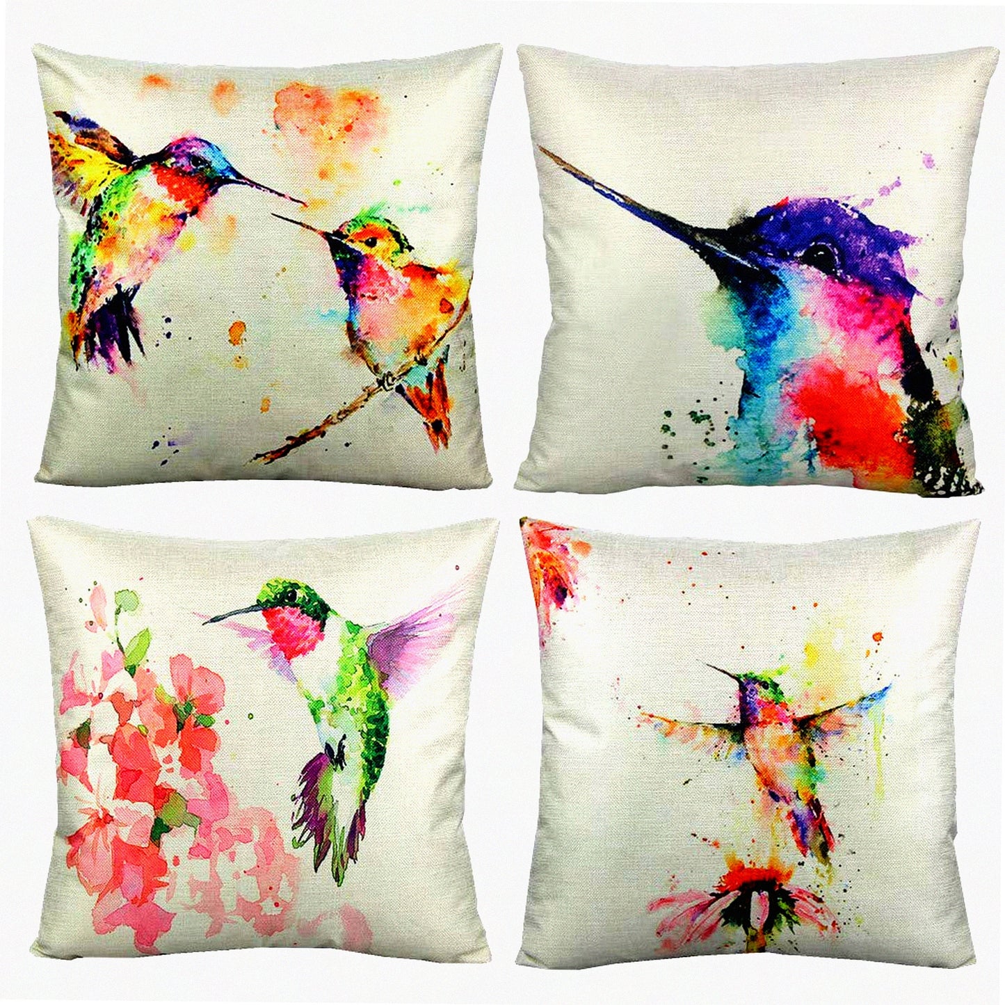 Watercolor Hummingbird Floral Outdoor Pillow Covers - Set of 4, 22x22 Inch Spring Patio Decorative Cushion Cases for Furniture Couch Bed Sofa