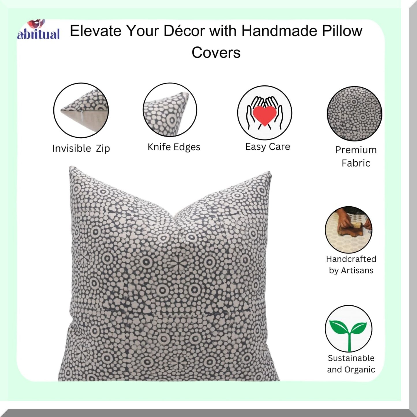 Boho Farmhouse Floral Cushion Covers - Outdoor Decorative Throw Pillowcase - Block Print Cotton Sofa Pillow Covers - Black 22x22 Square Home Decor