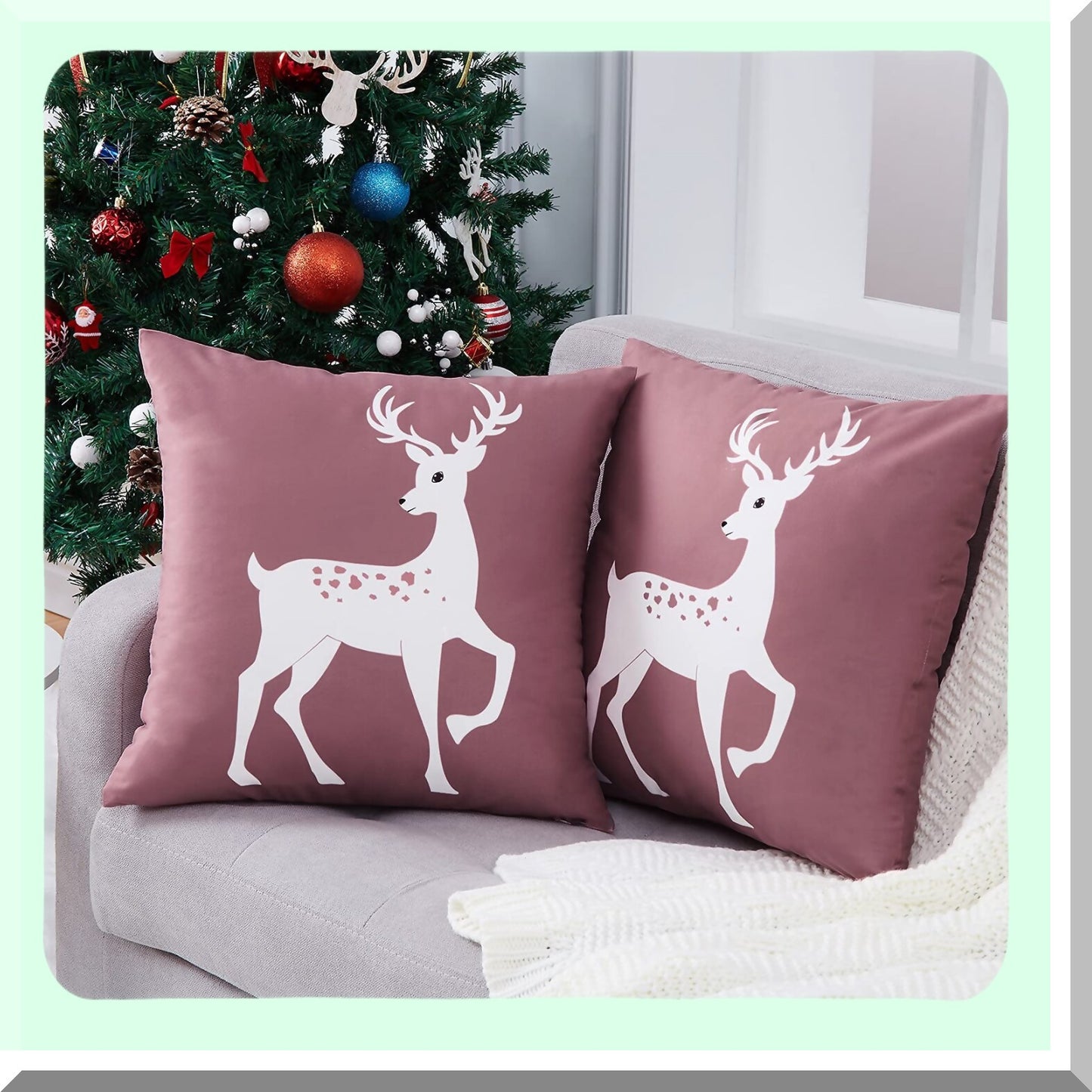 Winter Wonderland Deer Pillow Covers - Set of 2 Farmhouse Decorative Cushion Cases 18x18 Inch for Bedroom & Home Couch, Rustic Xmas Holiday Theme in Pink