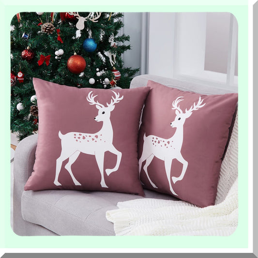 Winter Wonderland Deer Pillow Covers - Set of 2 Farmhouse Decorative Cushion Cases 18x18 Inch for Bedroom & Home Couch, Rustic Xmas Holiday Theme in Pink