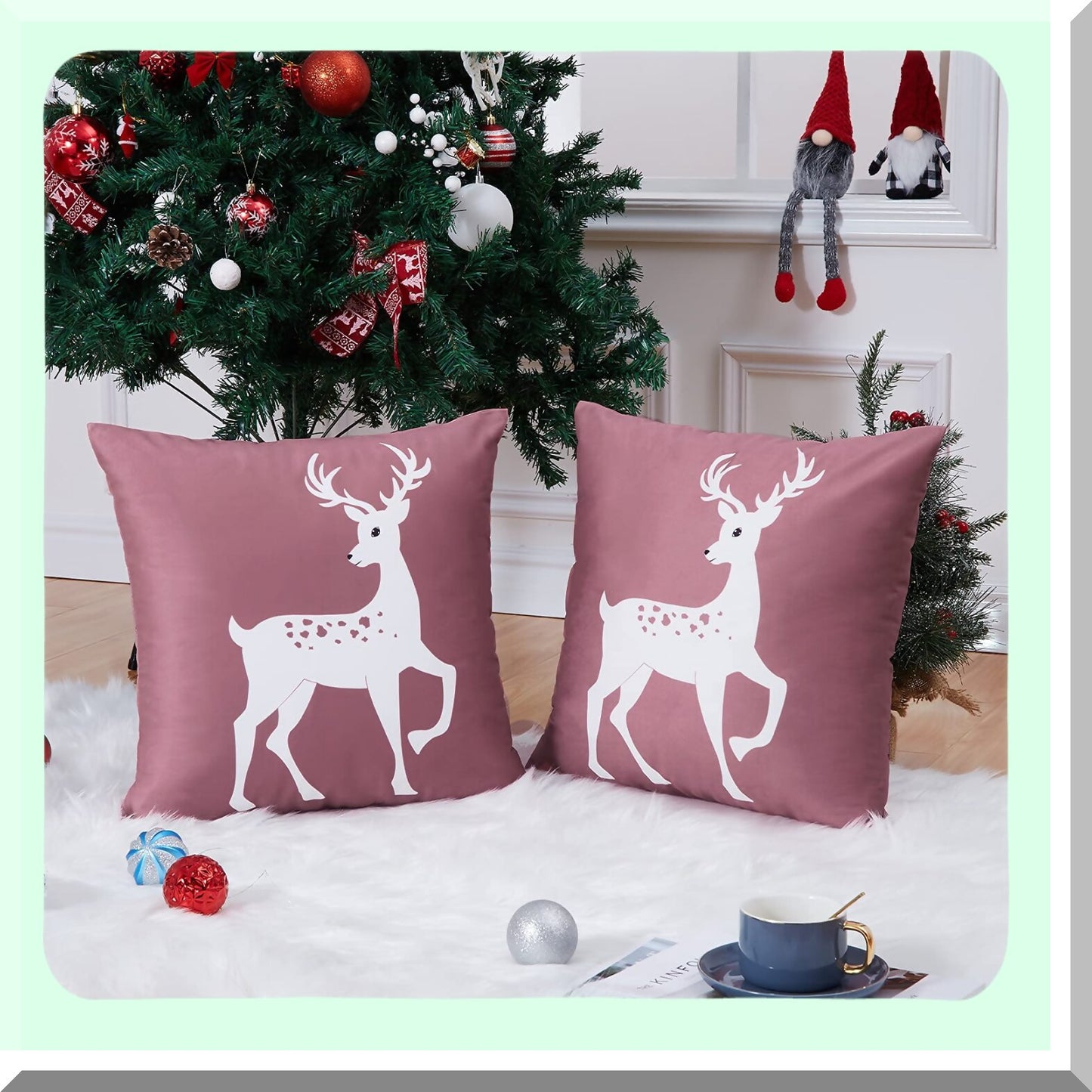 Winter Wonderland Deer Pillow Covers - Set of 2 Farmhouse Decorative Cushion Cases 18x18 Inch for Bedroom & Home Couch, Rustic Xmas Holiday Theme in Pink
