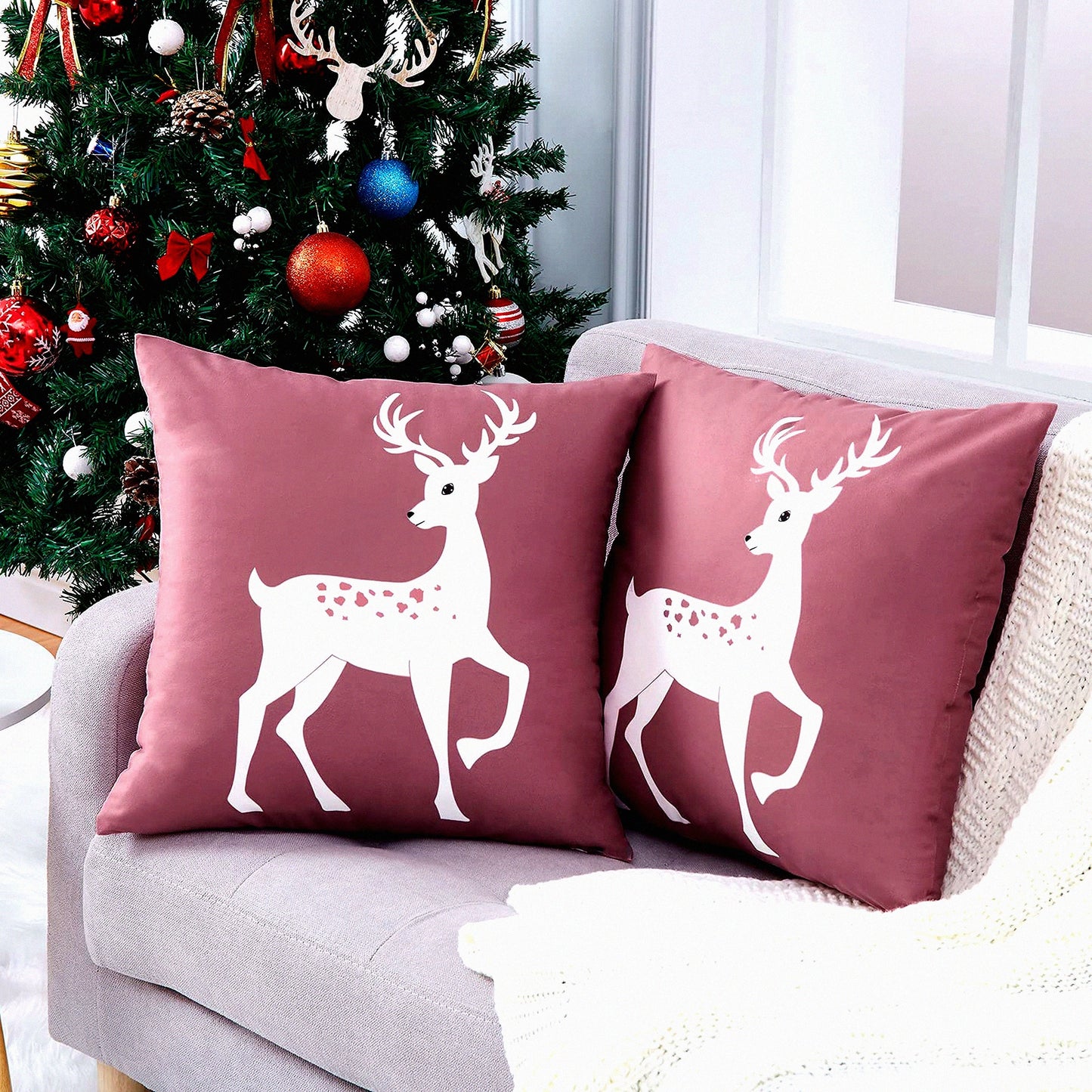 Winter Wonderland Deer Pillow Covers - Set of 2 Farmhouse Decorative Cushion Cases 18x18 Inch for Bedroom & Home Couch, Rustic Xmas Holiday Theme in Pink