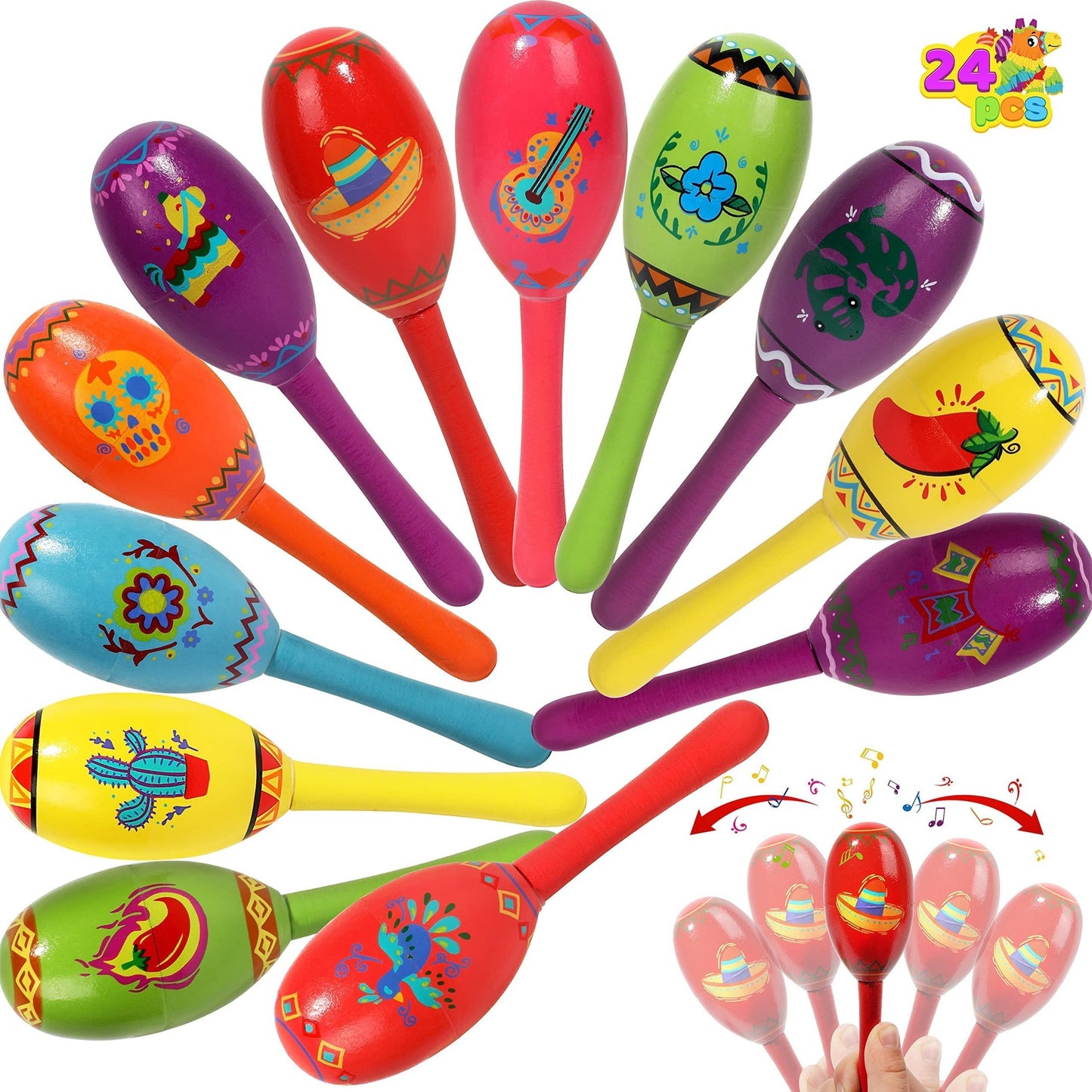 Fiesta Fun Maracas Party Pack - 24 Mini Wooden Musical Instruments for Cinco De Mayo, Birthdays, Mexican Decor, Luau, Carnivals, Taco Tuesday!