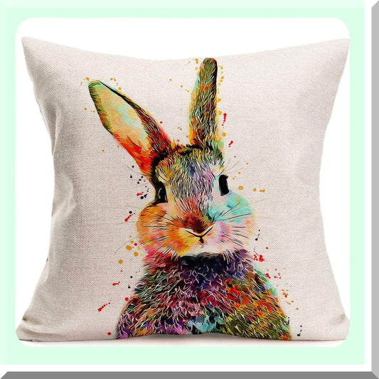 Animal Charm Cotton Linen Pillow Cover Set - Colorful Rabbit Design - Home Decor Cushion Cases for Sofa Couch - 18 x 18 Inch - Lovely Animals Theme