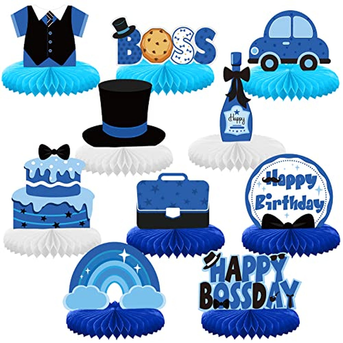 Boss Boys Blue Birthday Honeycomb Centerpieces - Set of 10 Table Decorations for Boss's Day Party. Perfect for a Boss-themed celebration!
