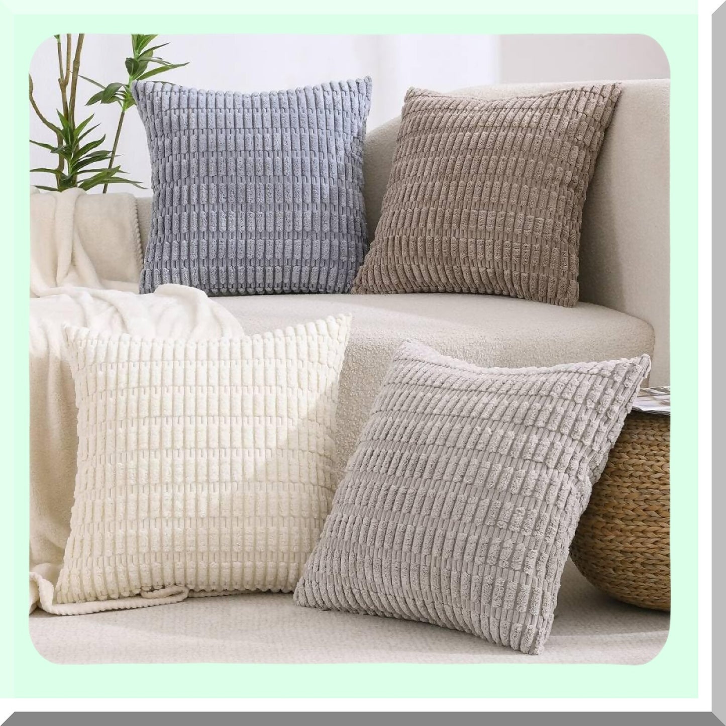 Winter Farmhouse Rustic Boho Decorative Pillow Covers - Set of 4 Neutral Soft Plush Striped Corduroy Cushion Cases for Living Room Couch Bed Sofa - 18x18 Square