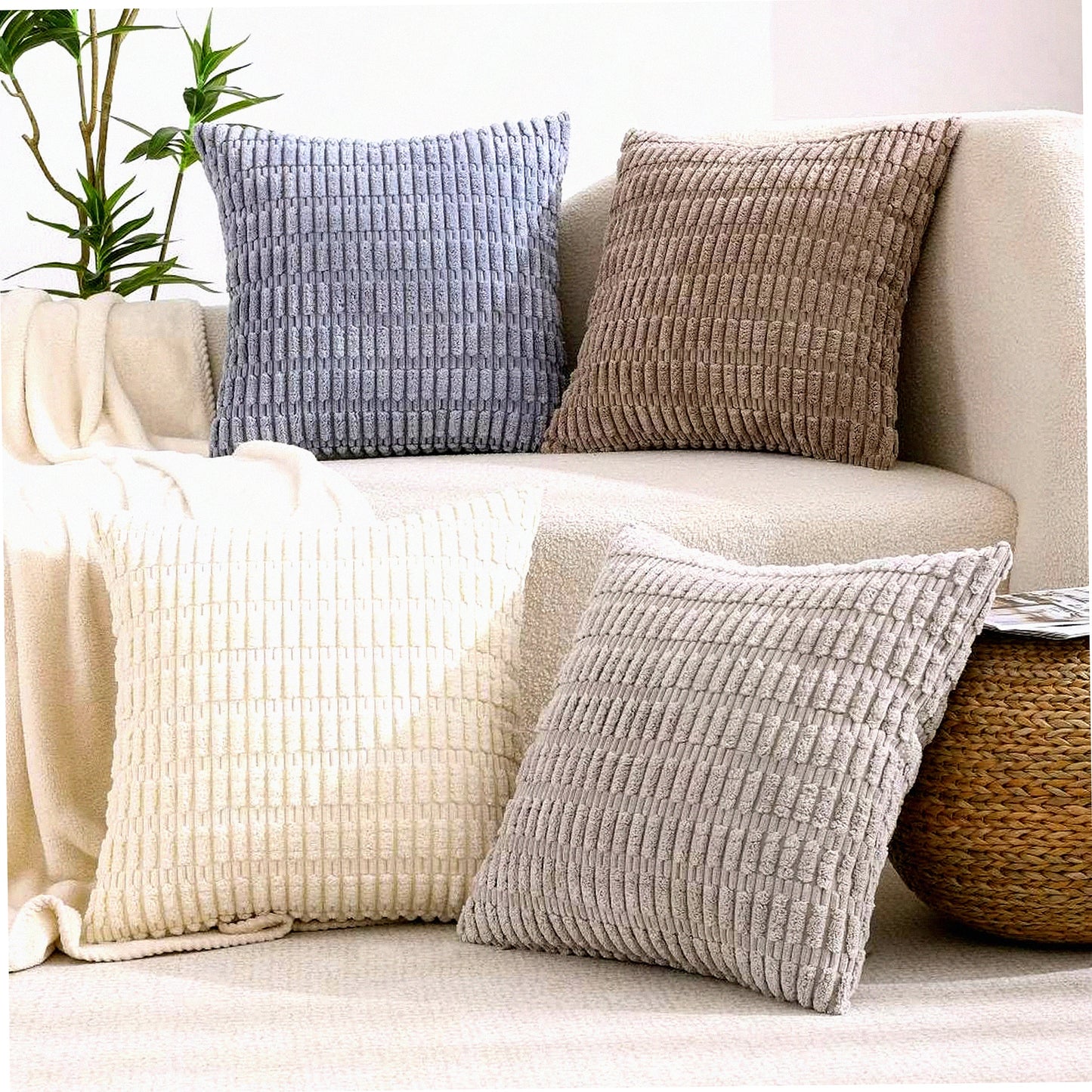 Winter Farmhouse Rustic Boho Decorative Pillow Covers - Set of 4 Neutral Soft Plush Striped Corduroy Cushion Cases for Living Room Couch Bed Sofa - 18x18 Square