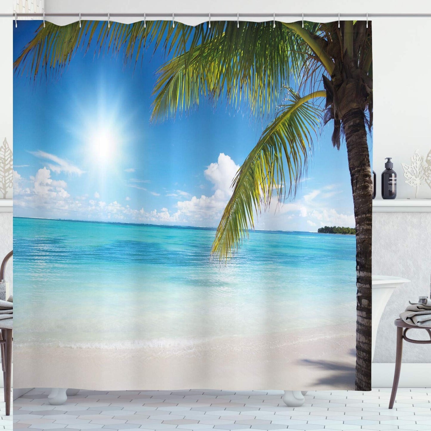 Summer Shower Curtain Tropical Paradise Beach Cloth Fabric 69x84