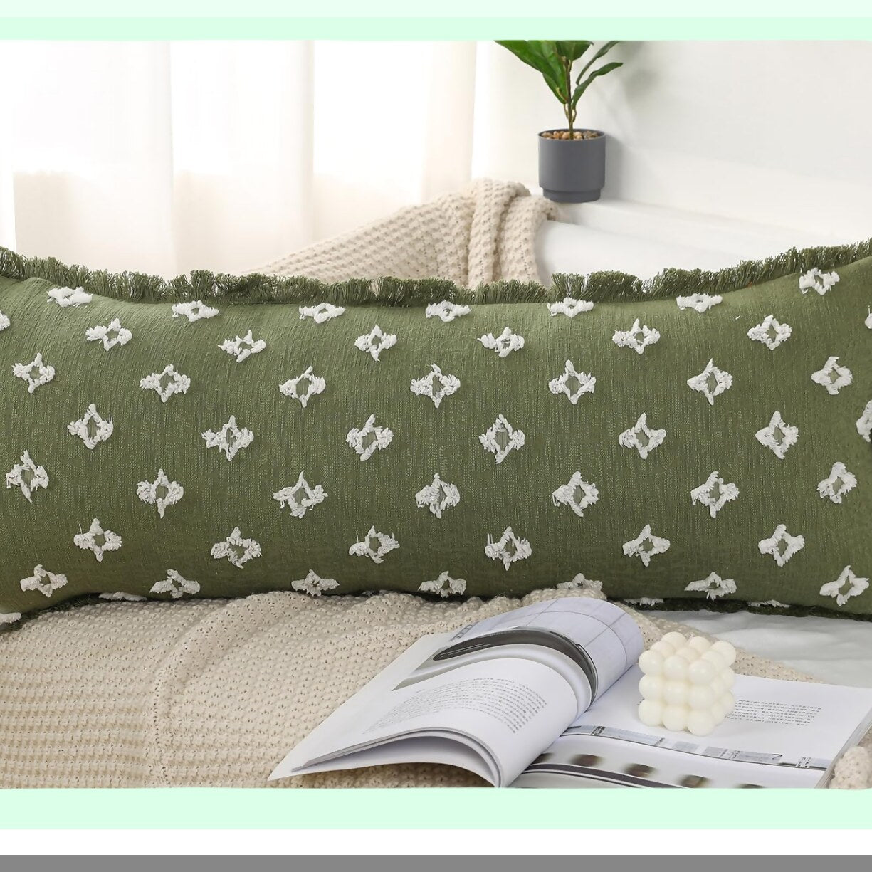 Boho Flower Fringe Lumbar Pillow Cover - Sage Green 14x36 Sofa Couch Bed Livingroom Farmhouse Decor Case - Extra Long Decorative 3D Pattern