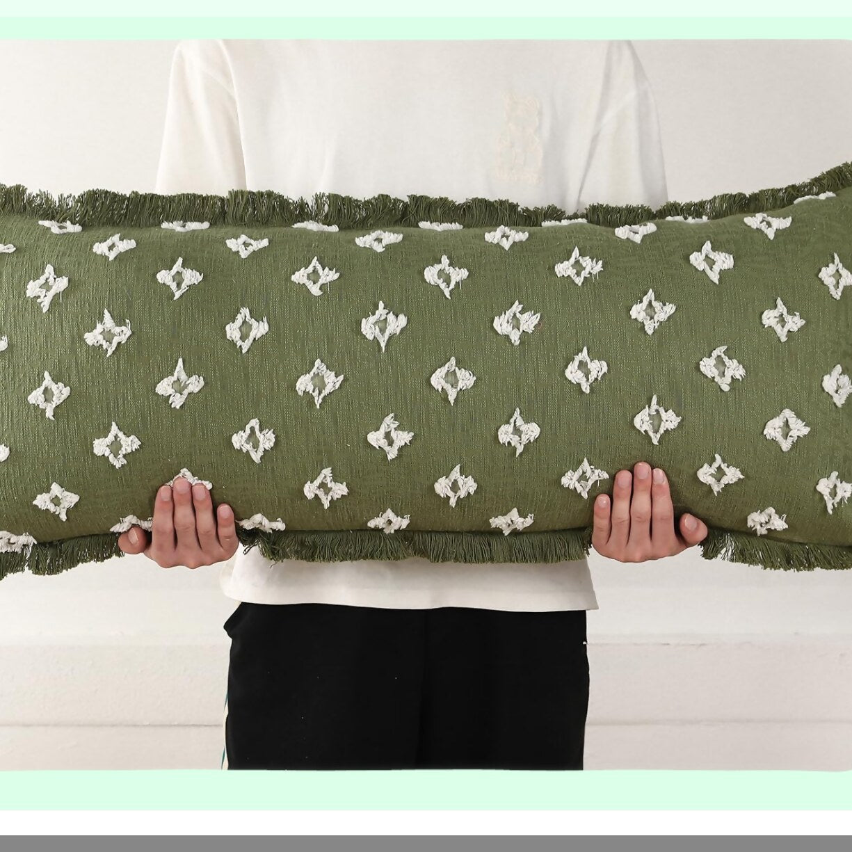 Boho Flower Fringe Lumbar Pillow Cover - Sage Green 14x36 Sofa Couch Bed Livingroom Farmhouse Decor Case - Extra Long Decorative 3D Pattern