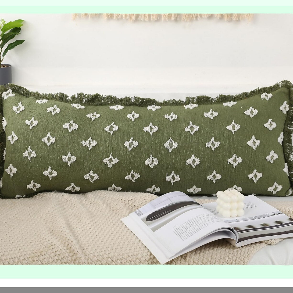 Boho Flower Fringe Lumbar Pillow Cover - Sage Green 14x36 Sofa Couch Bed Livingroom Farmhouse Decor Case - Extra Long Decorative 3D Pattern
