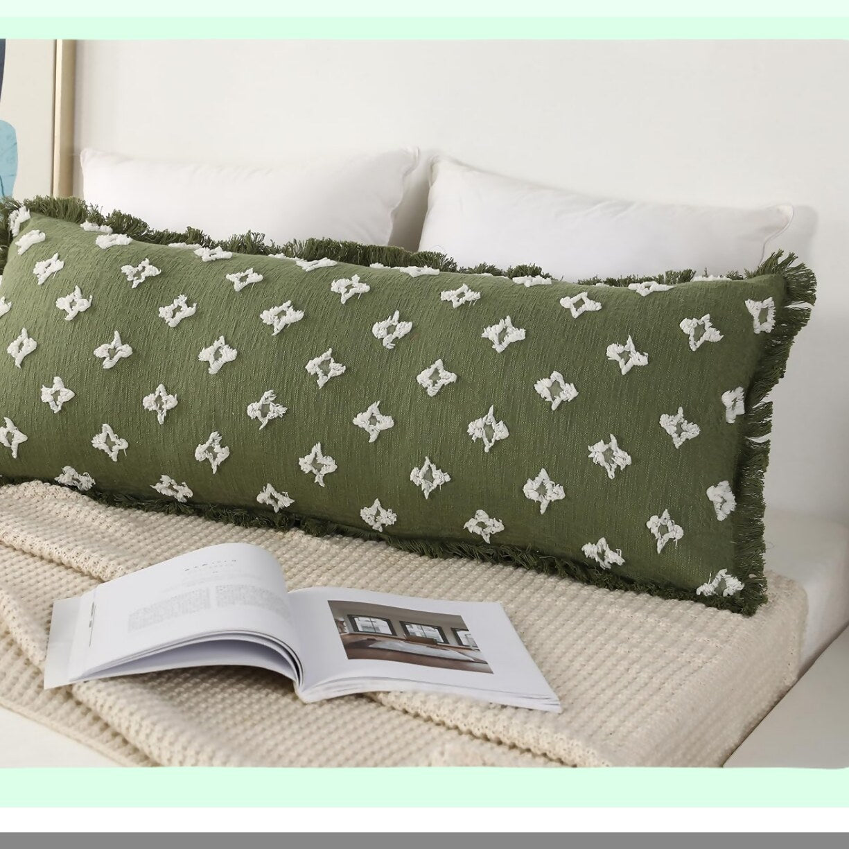 Boho Flower Fringe Lumbar Pillow Cover - Sage Green 14x36 Sofa Couch Bed Livingroom Farmhouse Decor Case - Extra Long Decorative 3D Pattern