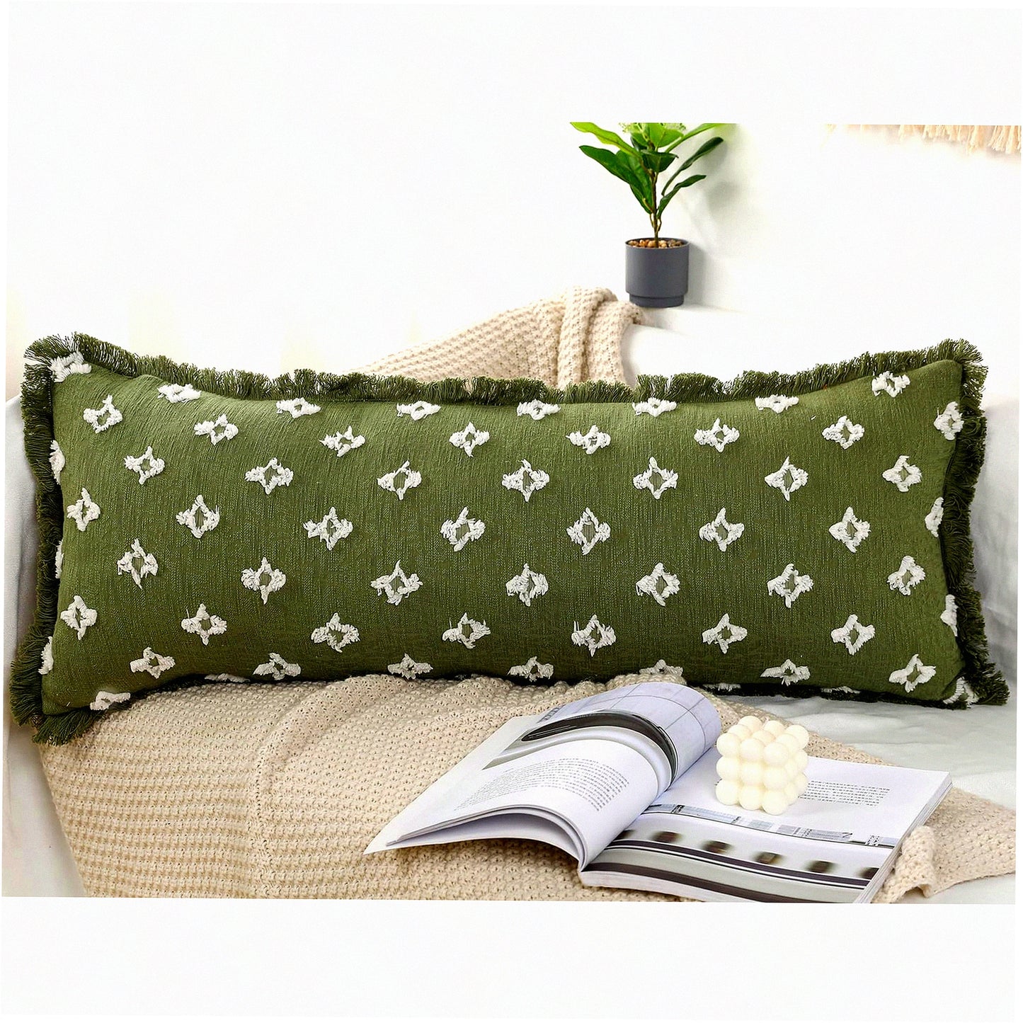 Boho Flower Fringe Lumbar Pillow Cover - Sage Green 14x36 Sofa Couch Bed Livingroom Farmhouse Decor Case - Extra Long Decorative 3D Pattern