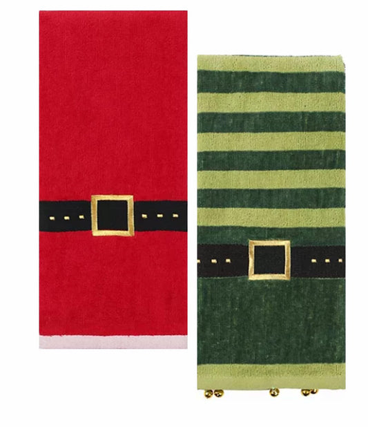 Set of 2 Holiday Elf Belt Hand Towels 16x25 Inches